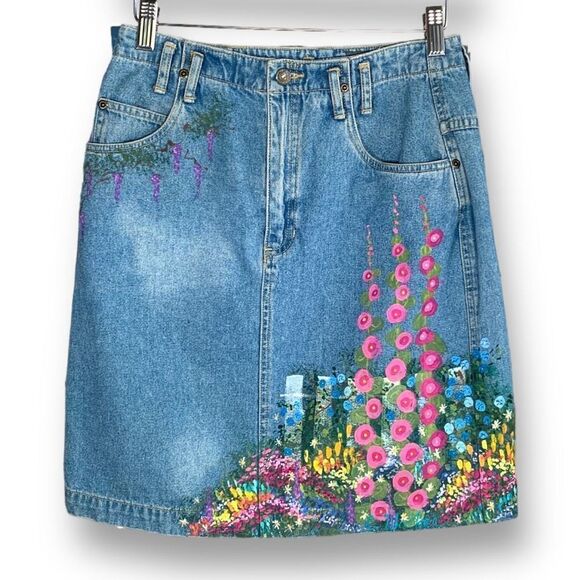 Vintage Dresses & Skirts - Vintage Handpainted Skirt Medium Wash Denim Mini Floral Garden Vineyard OOAK